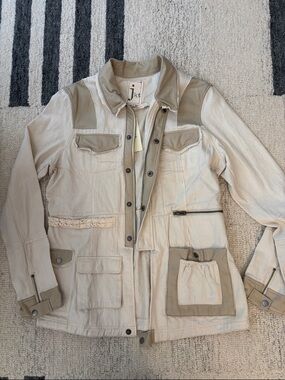 JKT NYC Utility Safari Jacket Beige Mixed Fabric Cargo Pockets
